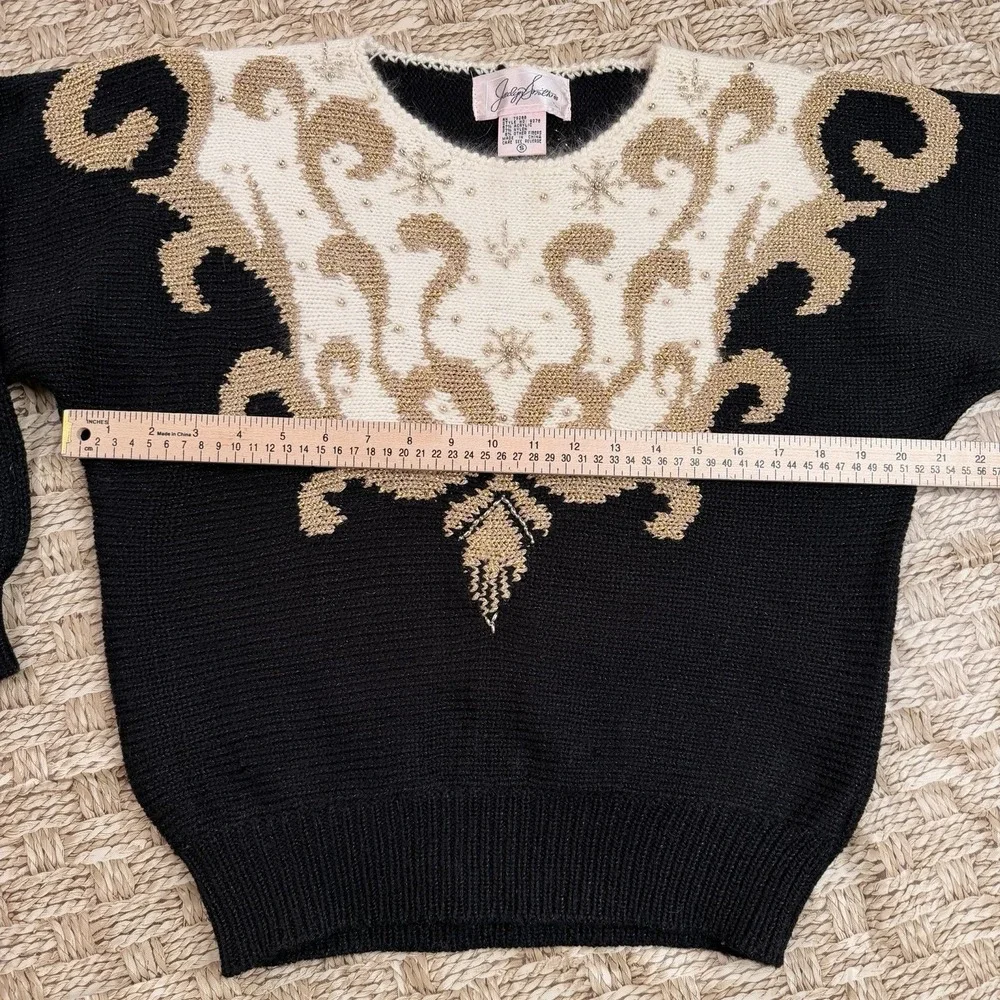 Jaclyn Smith sweater Women's SZ-S‎ Black Cream Gold Winter Snowflakes VTG 80s